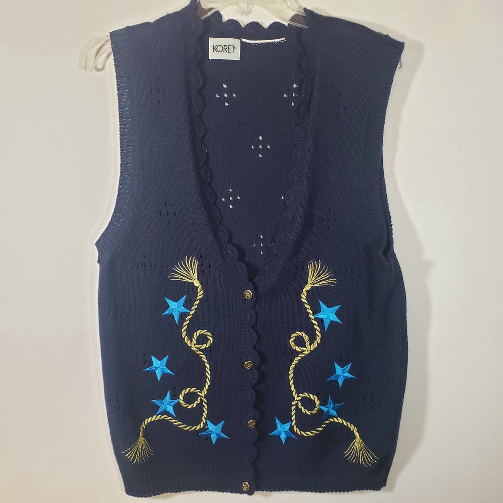 Vintage Koret Nautical Navy Sweater Vest XL Gold Rope Embroidered - Picture 1 of 9